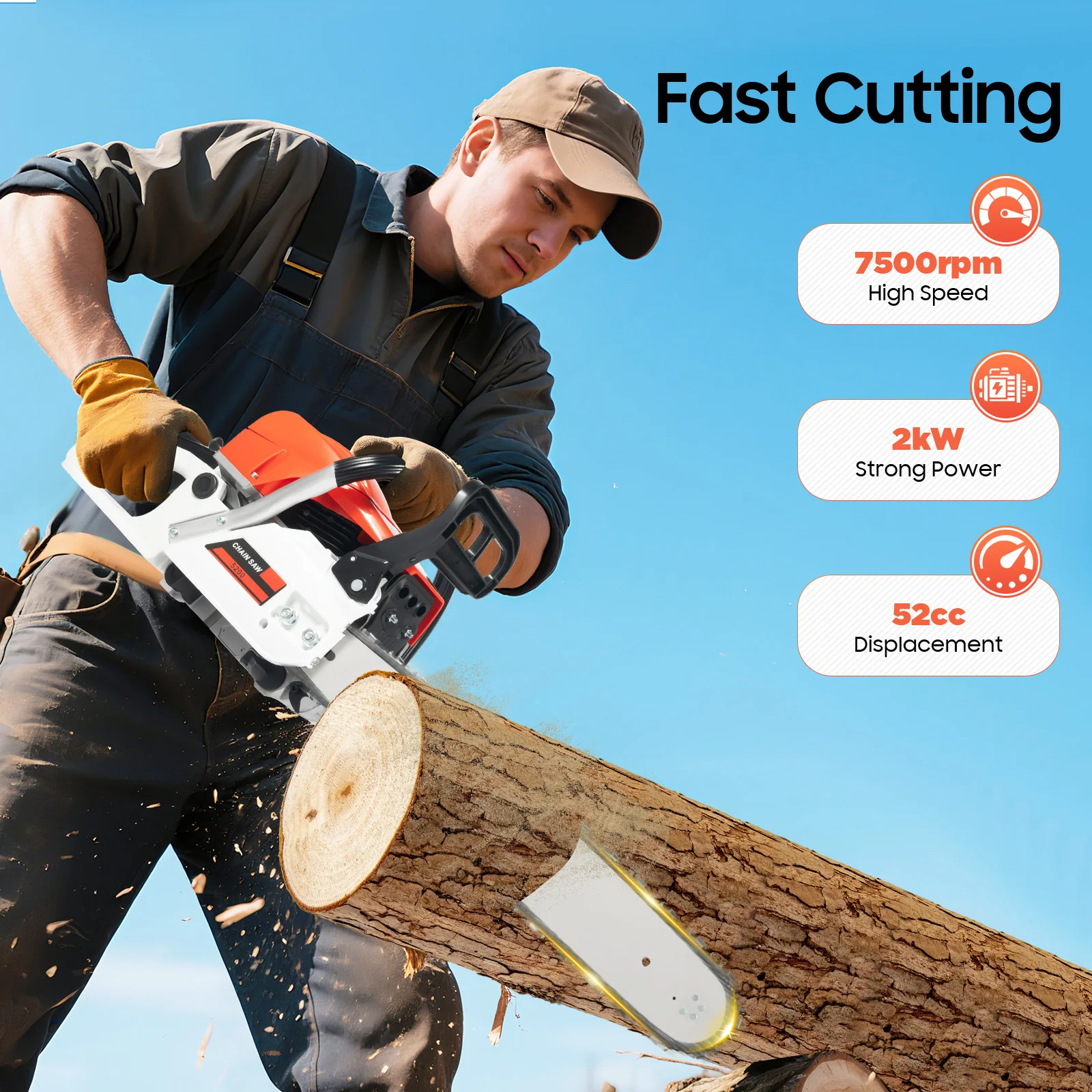 

20inch Petrol Chainsaw 52cc Gas Chainsaw 7500rpm Gas Powered Chainsaws 2-Stoke Engine for Wood Cutting and Tree Trimming