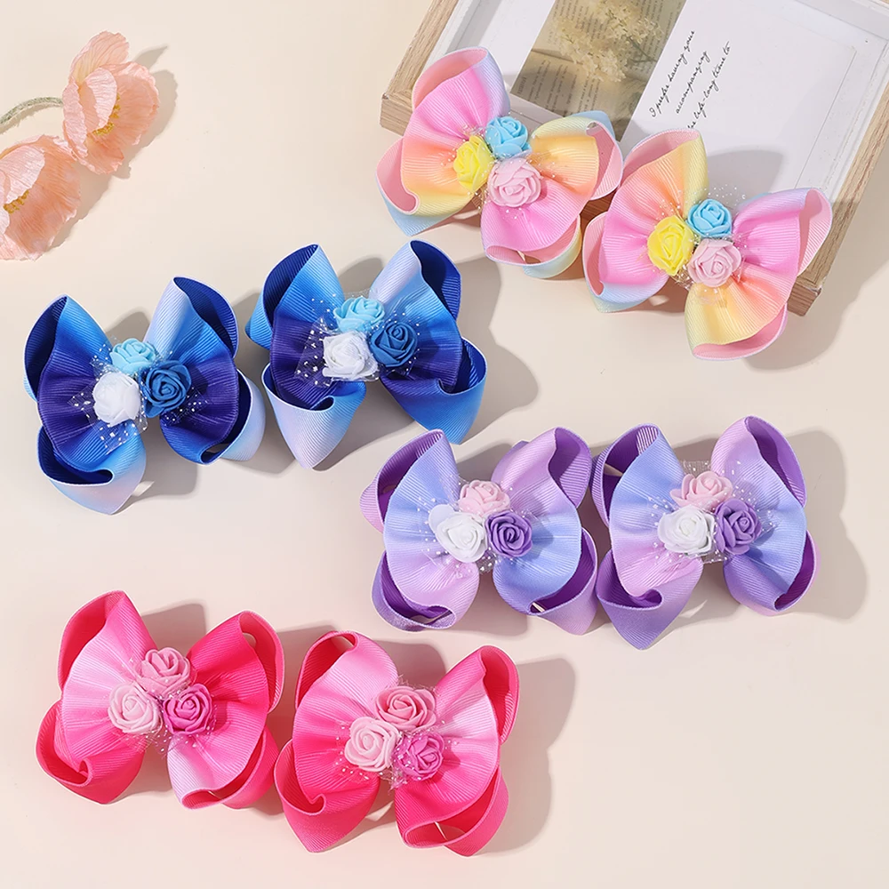 

2 шт., заколки для волос с радужным цветочным принтом для девочек, модная красочная заколка с цветком розы, детский милый головной убор, аксессуары для волос