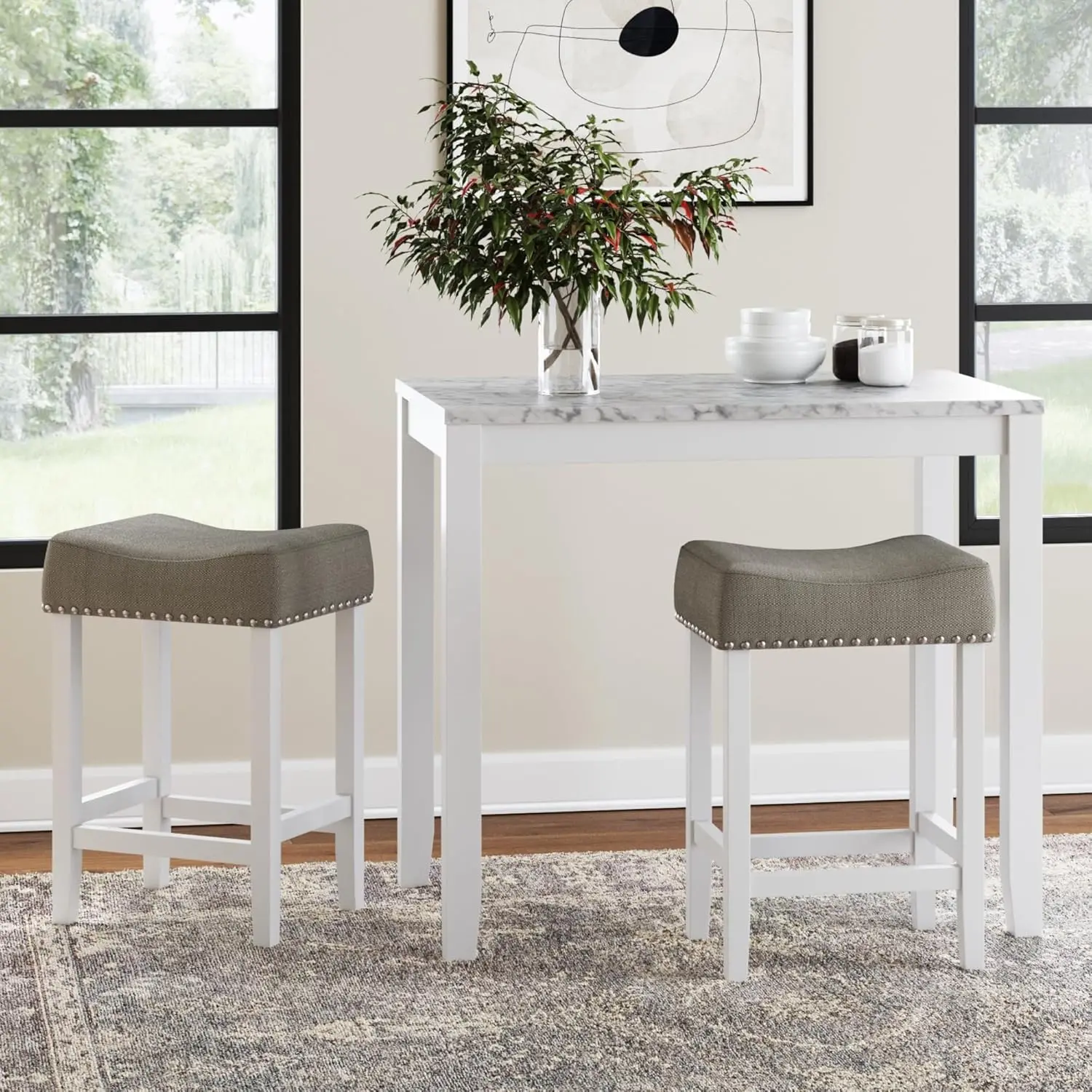 Viktor 3 Piece Dining Set, Heigh Kitchen Counter Pub or Breakfast Table with Marble Top and Fabric Wood Base Seat