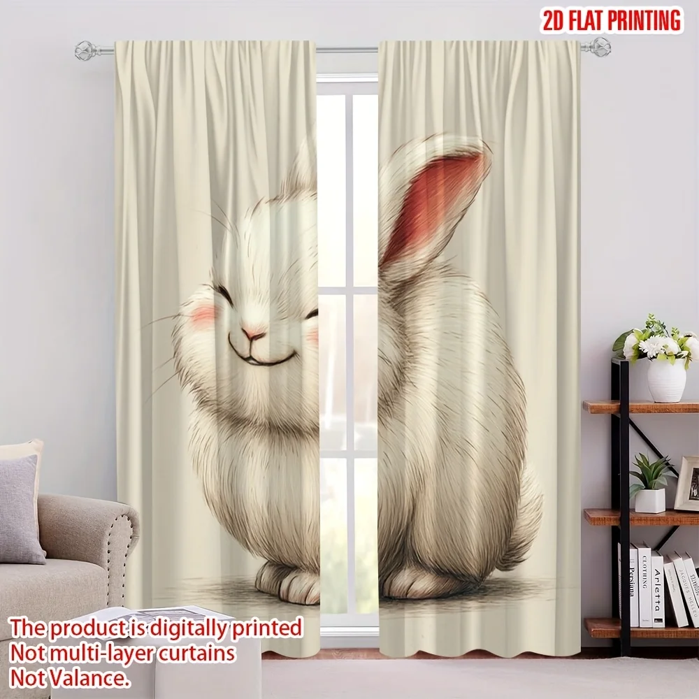 Cute White Rabbit Curtains, Smiling Bunny Graphic Window Drapes, Easter Home Decor, Blackout Fabric for Kids Bedroom Nursery