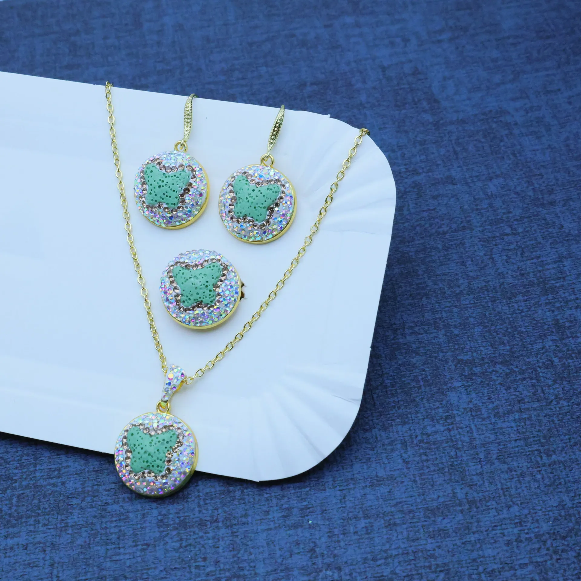 DIY accessories New dopamine volcanic stone butterfly shape light green niche design three-piece fashion temperament set manufac