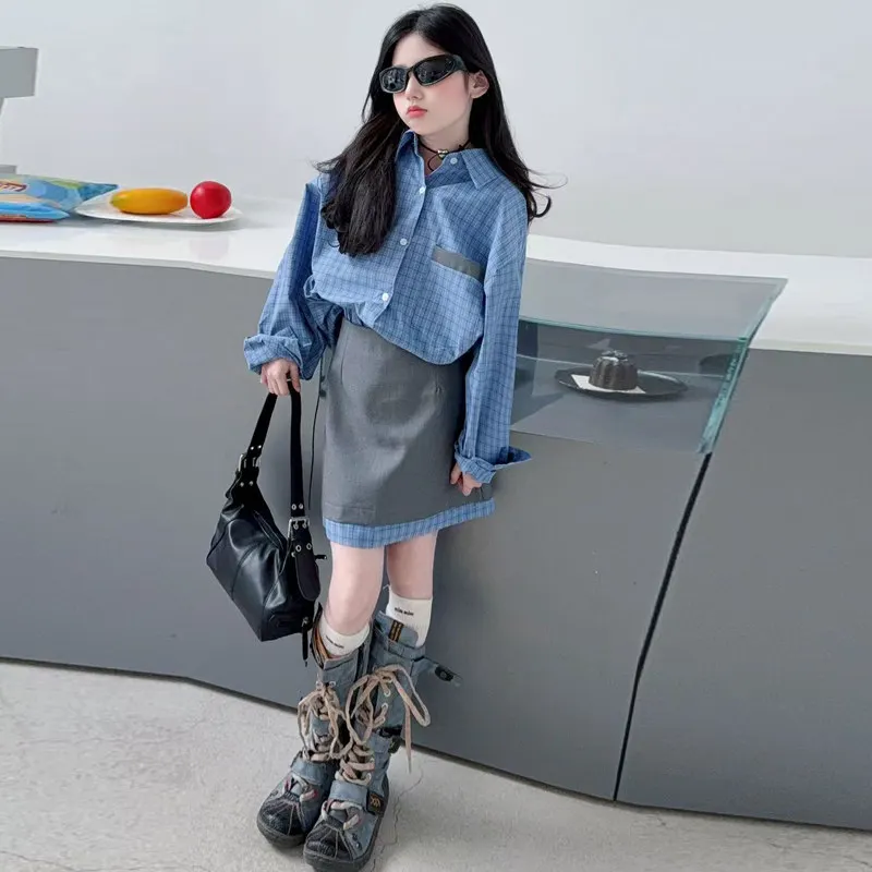 Girls Suit Dress Spring 2026 New Style Sweet and Cool Trendy Outfit for Girls Plaid Shirt and Blazer Skirt Two-Piece Set