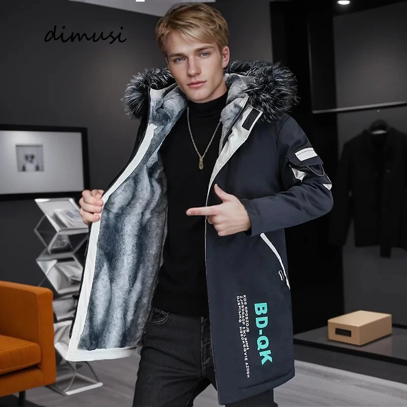 Winter Men\'s Long Padded Jackets Fashion Man Thermal Hooded Coats Classic Men Fur Collar Fleece Lined WarmJackets Clothing 5XL