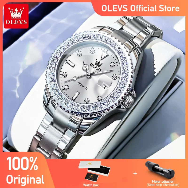 OLEVS 9945 Womens Watch Top Brand Original Quartz Watch Luxury Bezel Diamond Wristwatch Waterproof Enlarge Date Gift Reloj Mujer