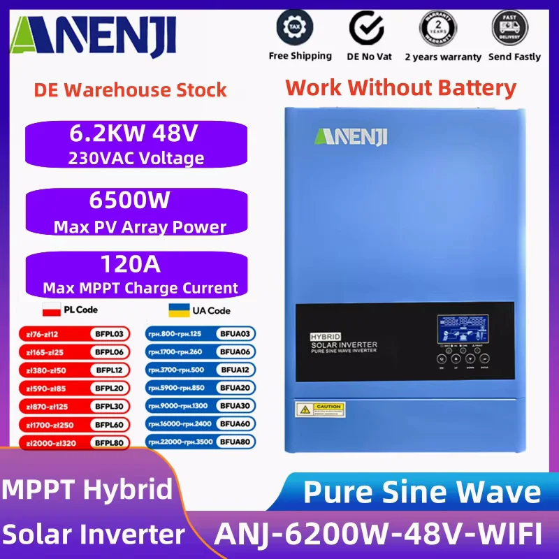 6.2kw Solar Hybrid Inverter 230VAC Off Grid 48V Inverter Pure Sine Wave PV 60-500VDC Built-in MPPT 120A Solar Charge Controller