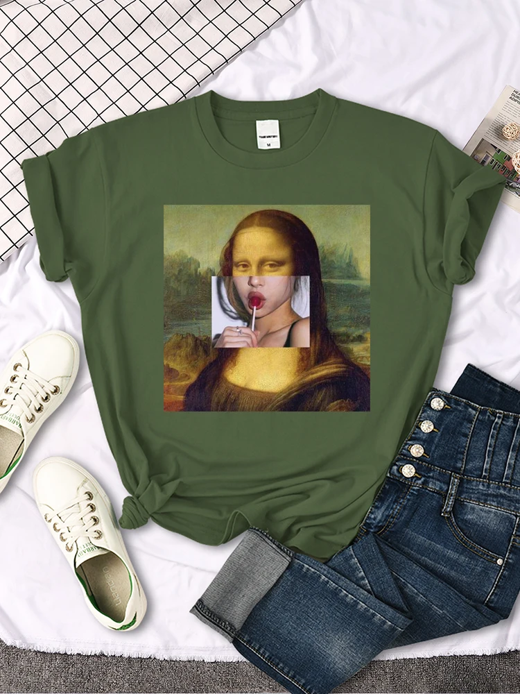 Womens T Shirt Mona Lisa Eating Candy After Changing Her Face Funny Print Tees Women oversize Loose Tops Harajukua Female Tshirt