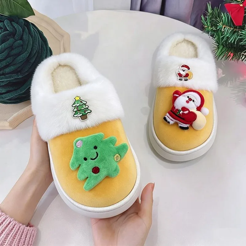 Christmas Slippers Women Cute Warm Fuzzy Indoor Home Shoes Santa Christmas Tree Cartoon Soft Sole Winter Couple Holiday Gift New