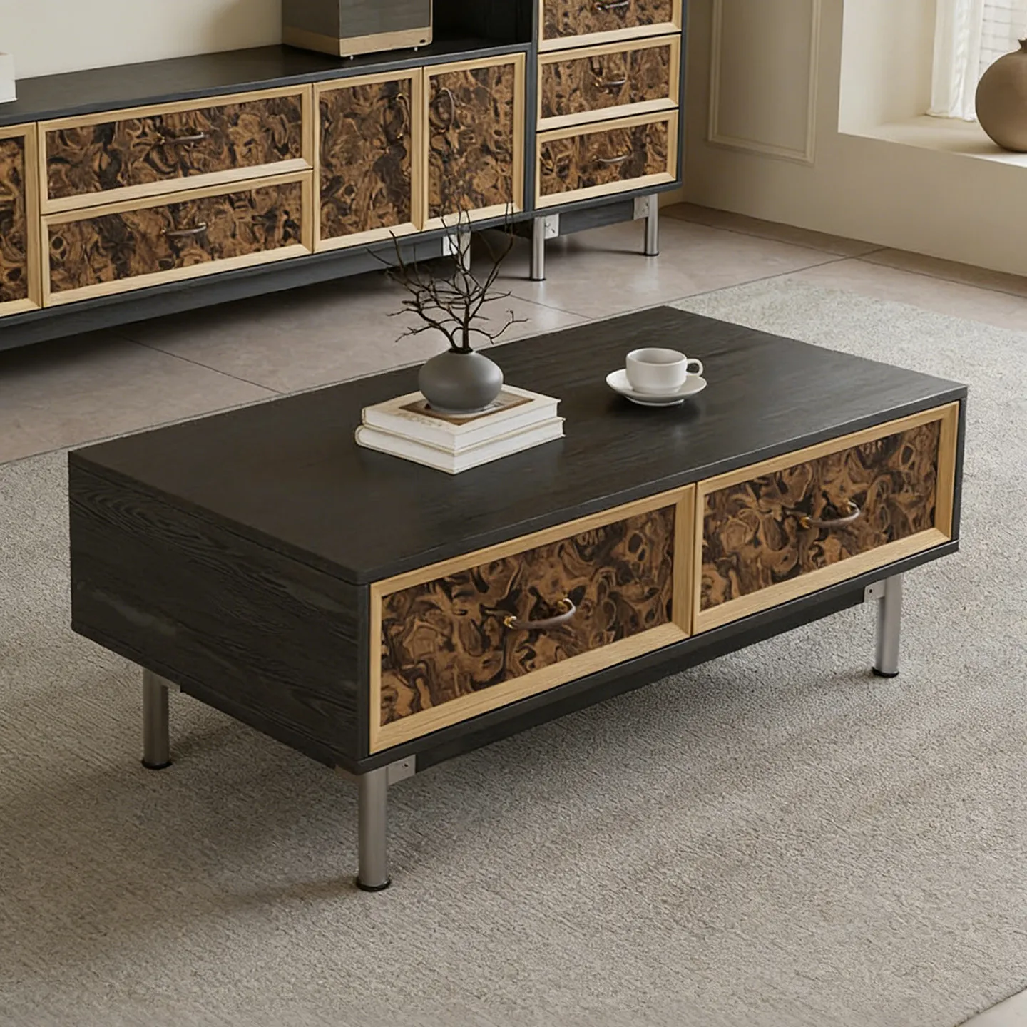 Minimalist ash wood solid wood coffee table living room household storage four pumping high sense