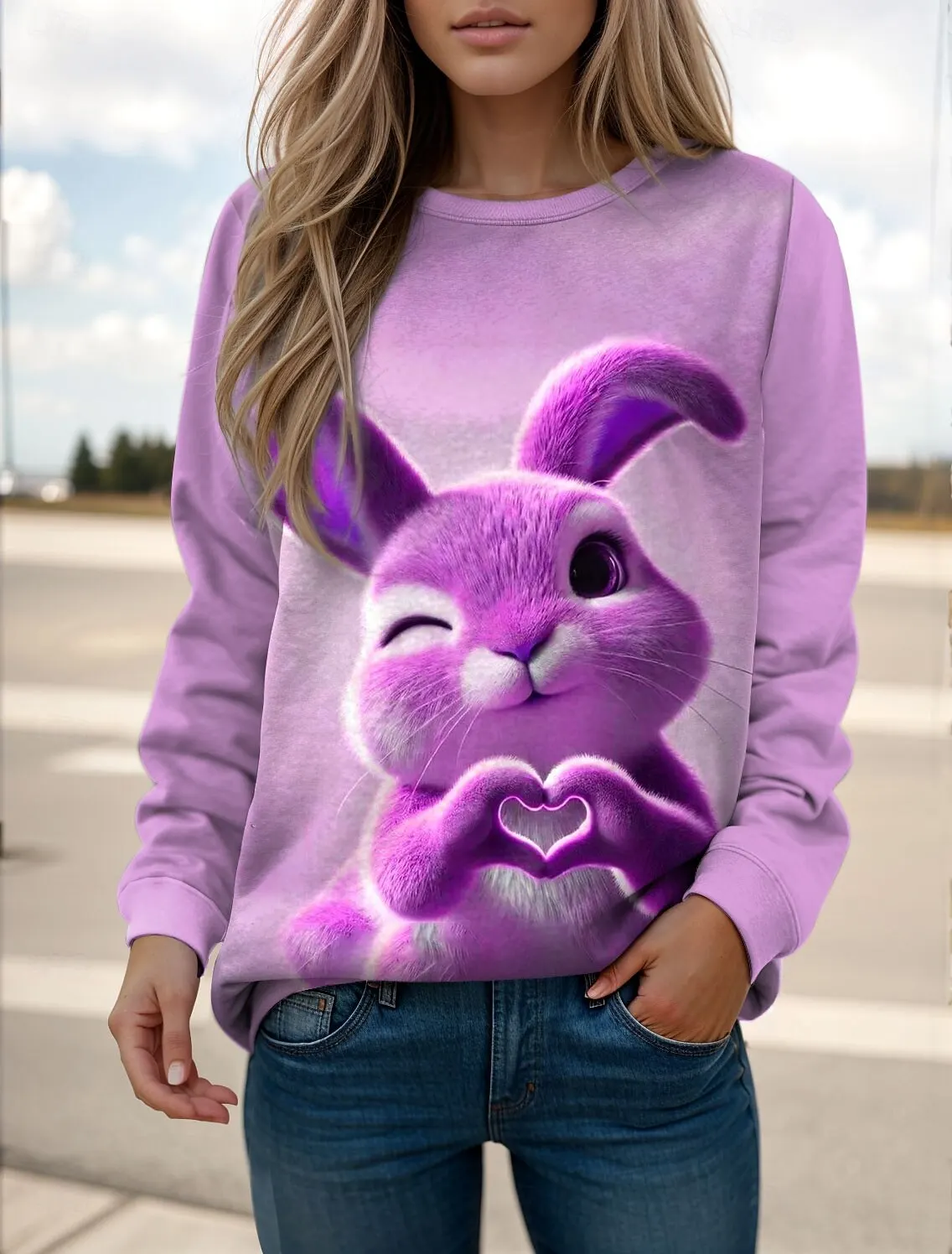 أزياء المرأة لطيف أرنب الجرافيك بلوزات 3D طباعة س الرقبة طويلة الأكمام قمم الملابس النسائية Y2K الشارع الشهير الخريف البلوز