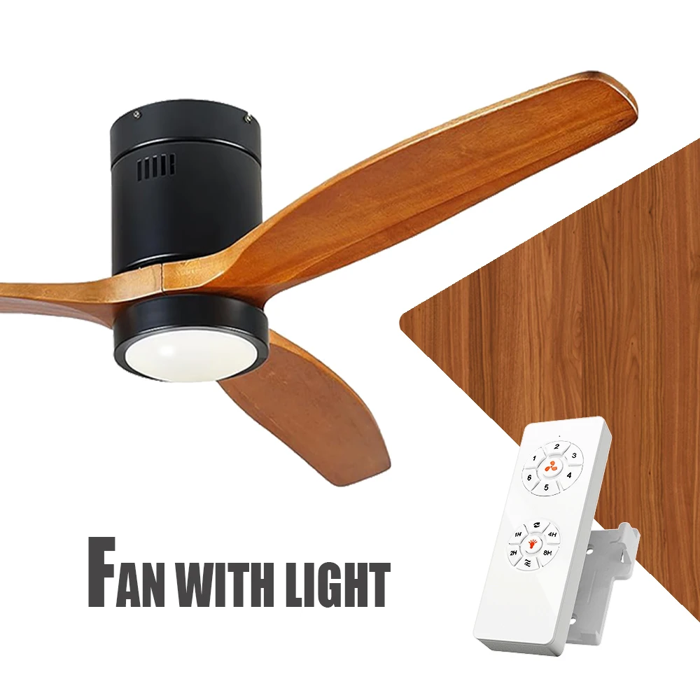 

fan with light,52 Inch Flush Mount Modern Ceiling Fan with LED Light & Remote, Low Profile Wooden Fan, 6 Speeds 8H Timer for