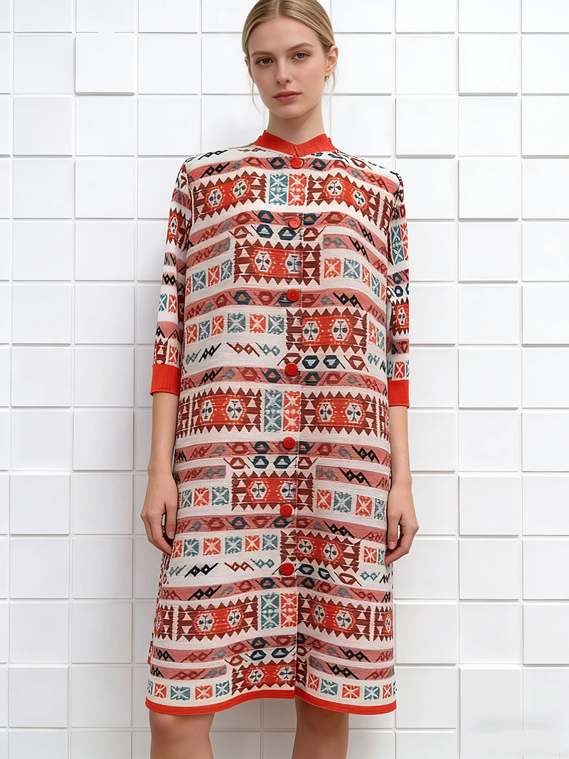 

Miyake Pleated Large Size Dress Dress Lapel Print Loose Large Size Fat Thin Single-breasted Cardigan Dresses 2026 Summer