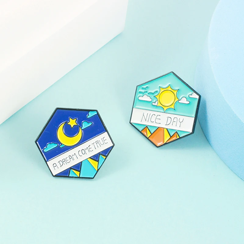 Day Night Outdoors Camping Club Brooch Sun Moon Stars Mountains NICE DAY，A DREAM COME TRUE Enamel Pin Badge Jewelry Accessories