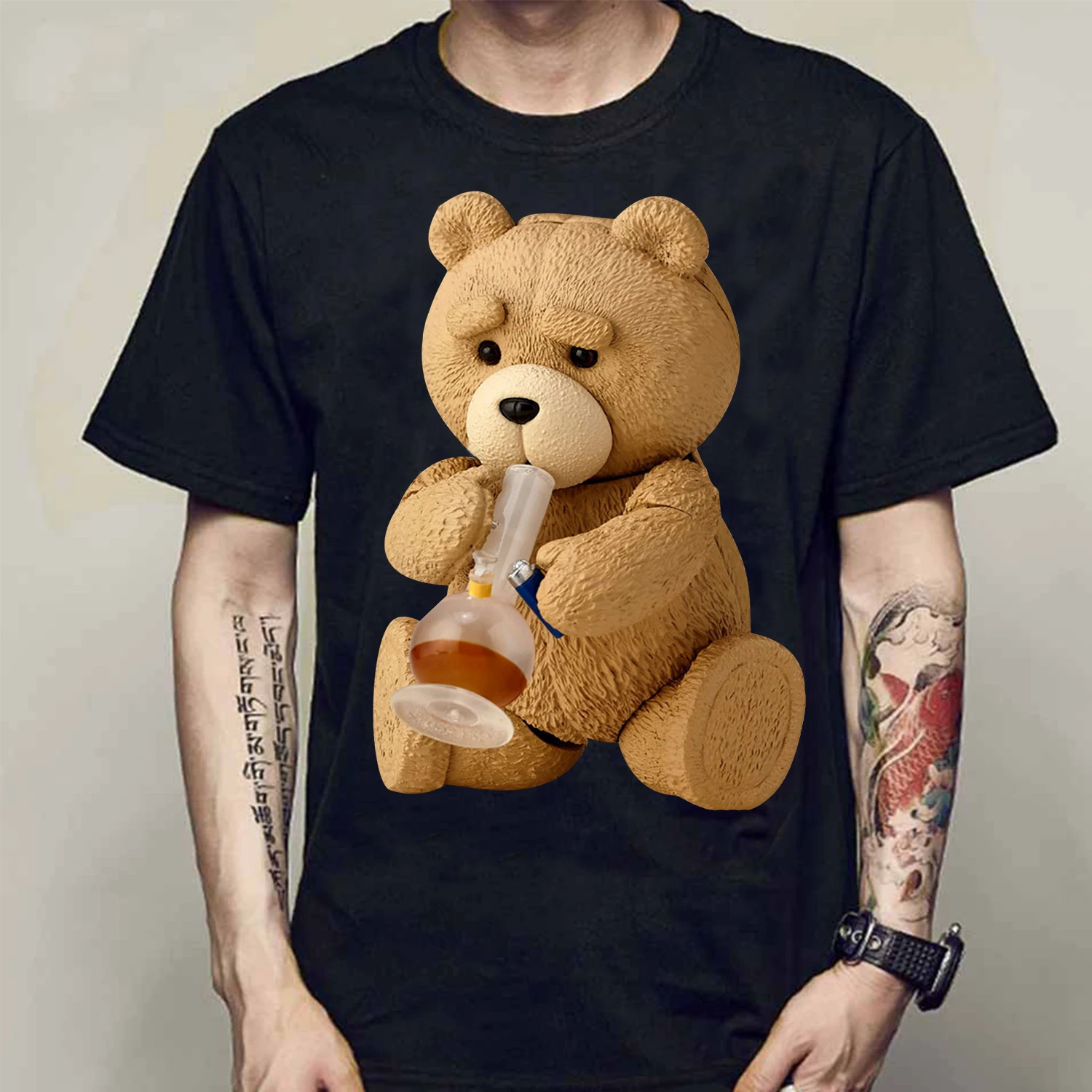 Men\'s Printed Lovely Ted Bear Smoking Poster T Shirts Summer Short Sleeve 100% Cotton OversizedT-shirt Cool Tees Tops Streetwear