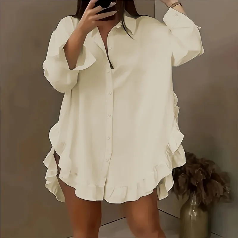 새로운 여성용 단색 셔츠 캐주얼 루즈 러플 밑단 셔츠 화이트 블랙