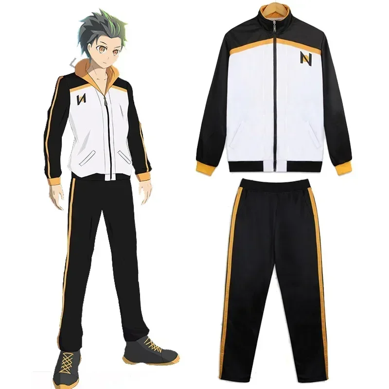 Disfraz de cosplay de Anime Subaru Natsuki, uniforme escolar, traje deportivo negro y blanco, chaqueta y pantalones, en stock