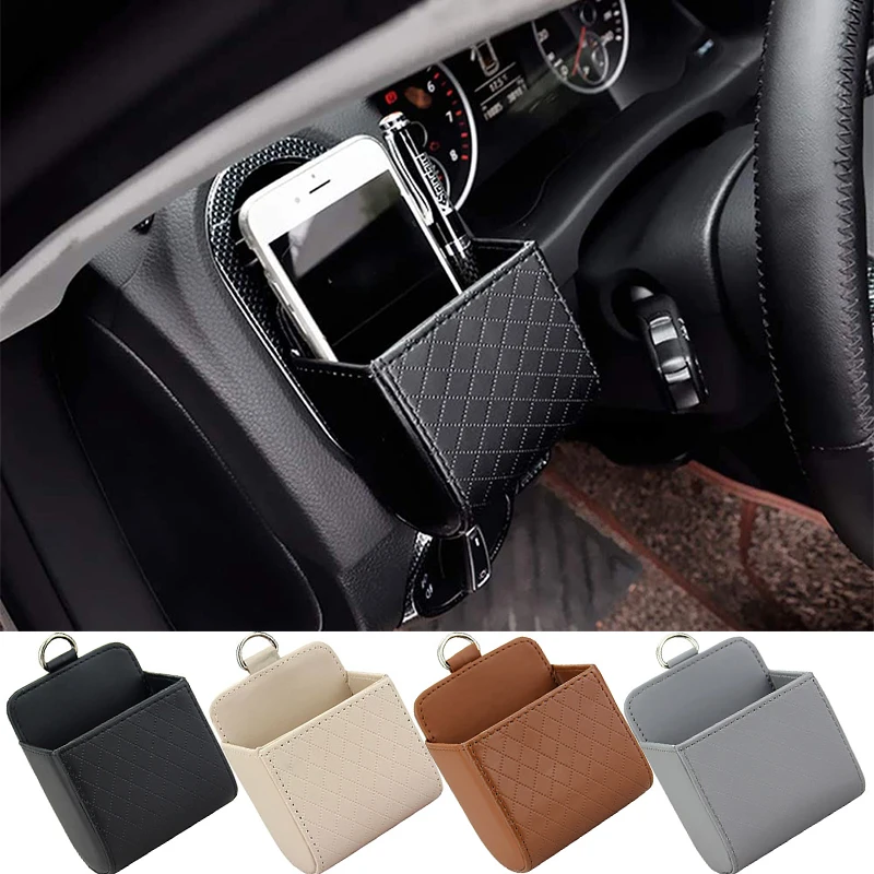 Car Air Outlet Hanging Storage Box Mobile Phone Bag Trash Can PU Leather Car Phone Holder Stand Auto Interior Decor Accessories