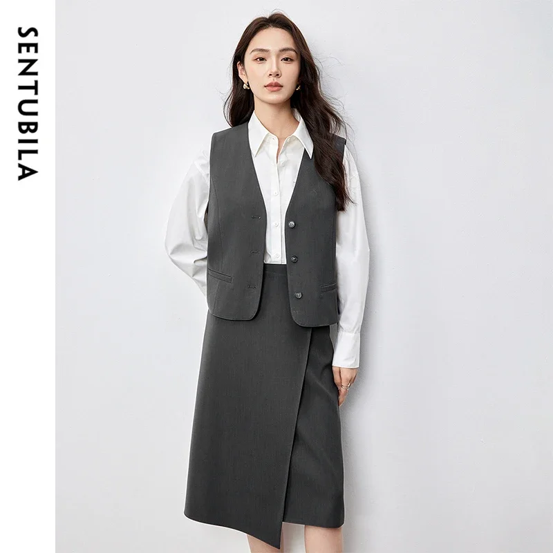 

SENTUBILA Women's 2 Piece Set Outfits V Neck Sleeveless Vest Coat Irregular A-line Skirts Skirt Sets 2025 Spring New 151Z57882