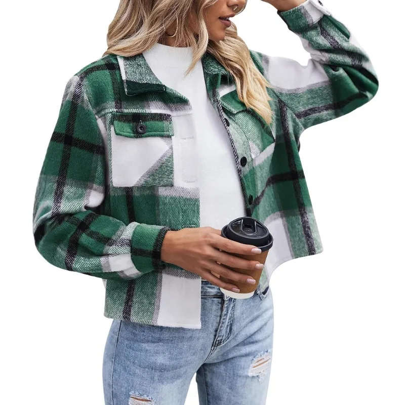 Women's Fall and Winter Jacket Tops Women's Flannel Short Jacket Plaid Button Shirt