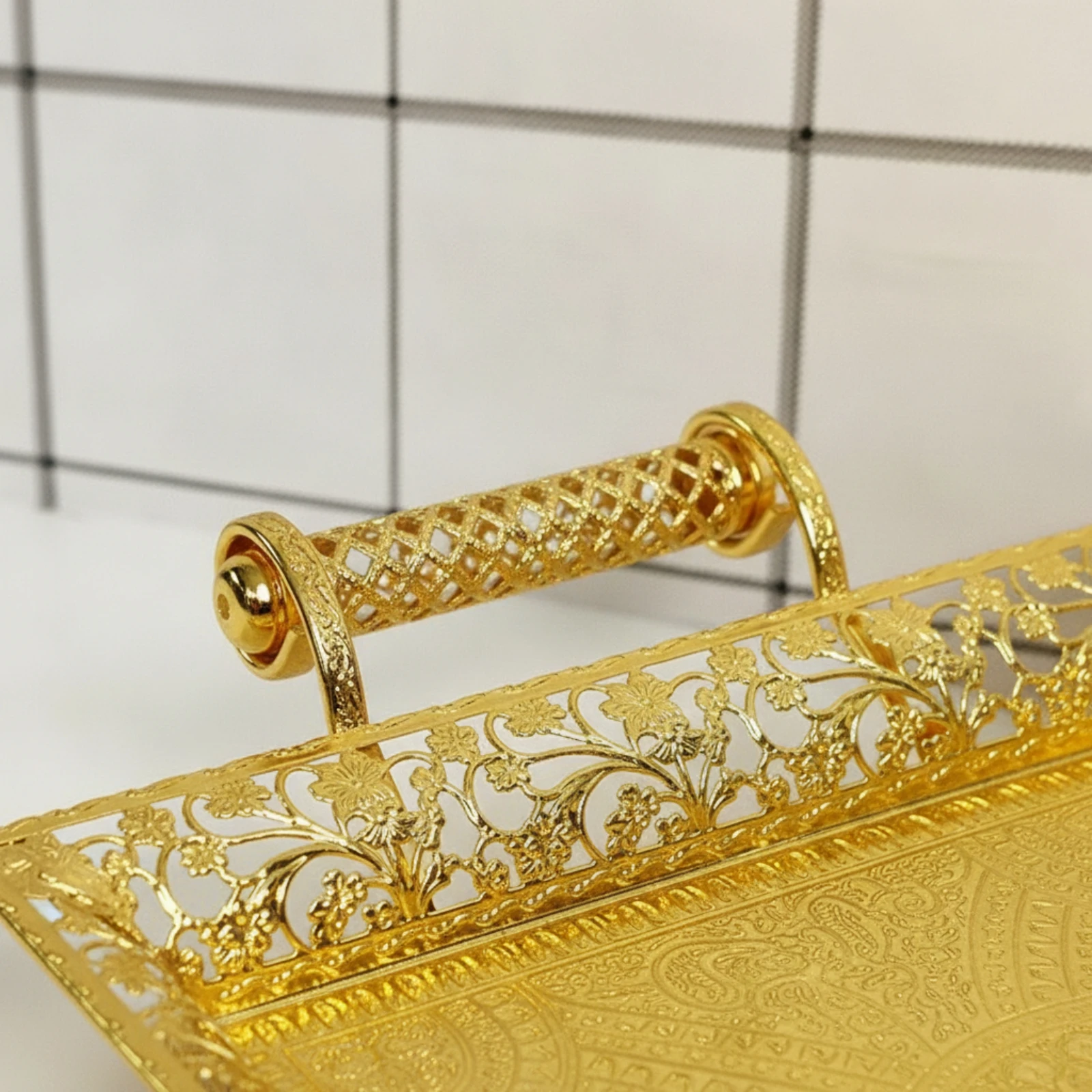 

Decorative Tray with Metal Handles Gold Decorative Tray Platter Rectangular Ornate for Hosts, Dining Room, Tea Time