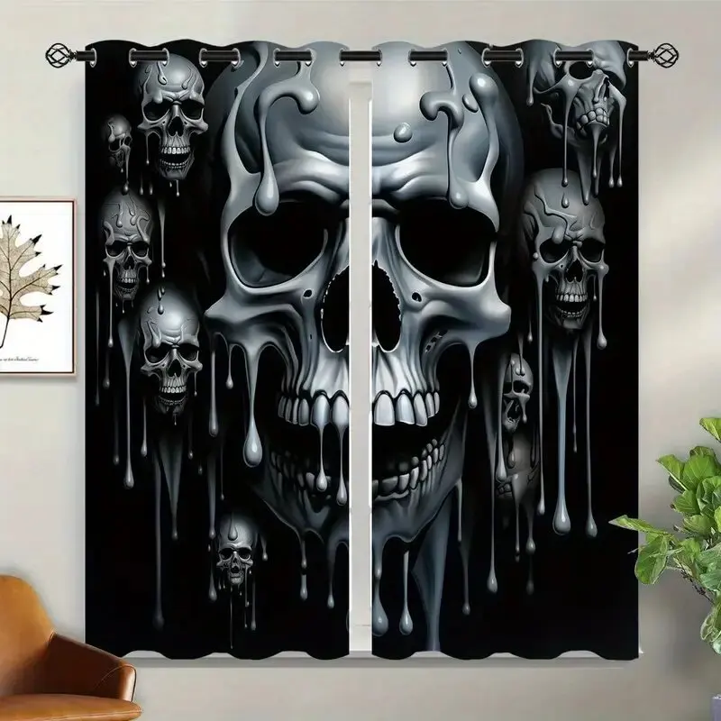 

Halloween abstract wax drip skull pattern printed curtains, window decorations, home decorations, room decorations