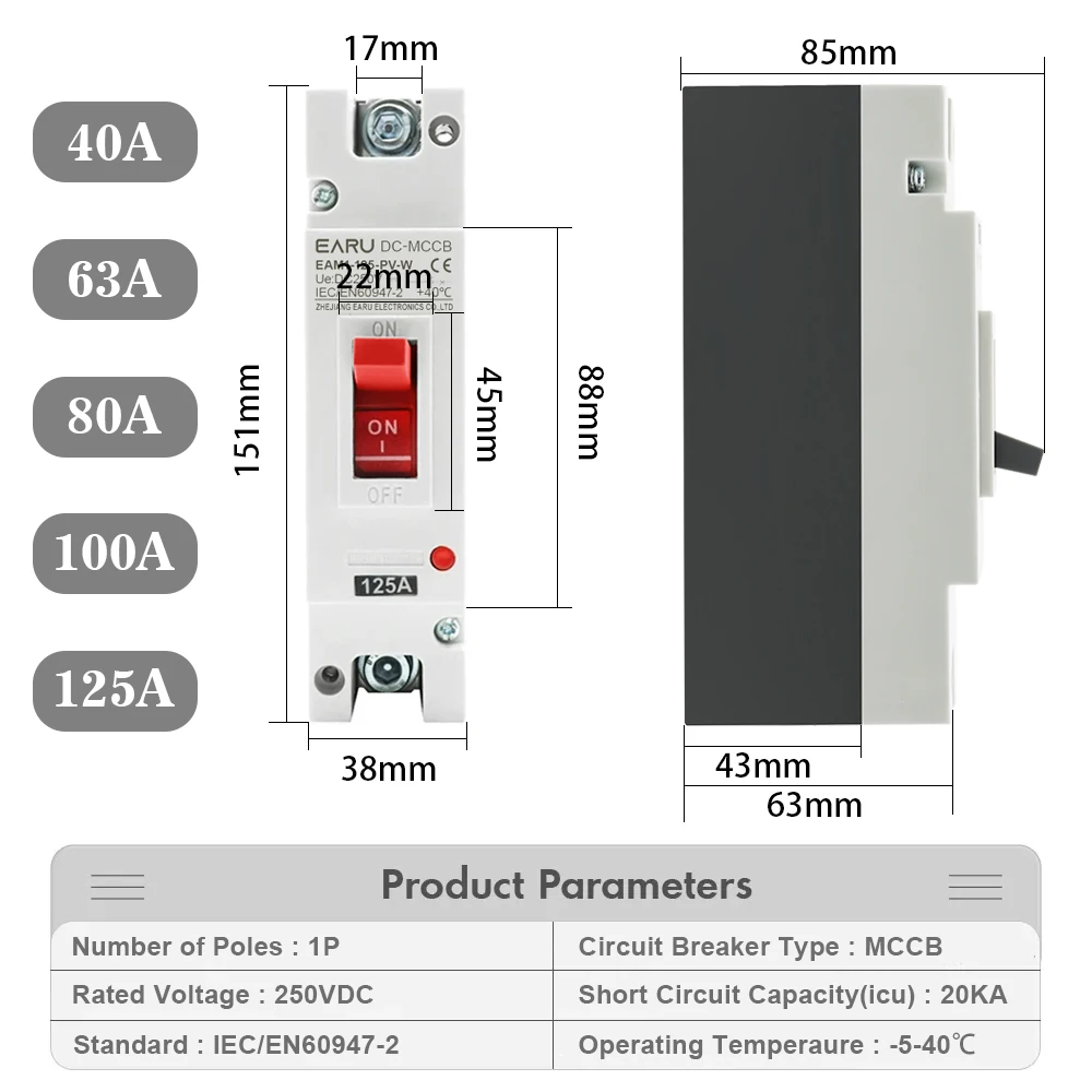 1P DC 250V DC Solar Molded Case Circuit Breaker MCCB Overload Protection Switch Protector for Solar Photovoltaic PV 100A 125A