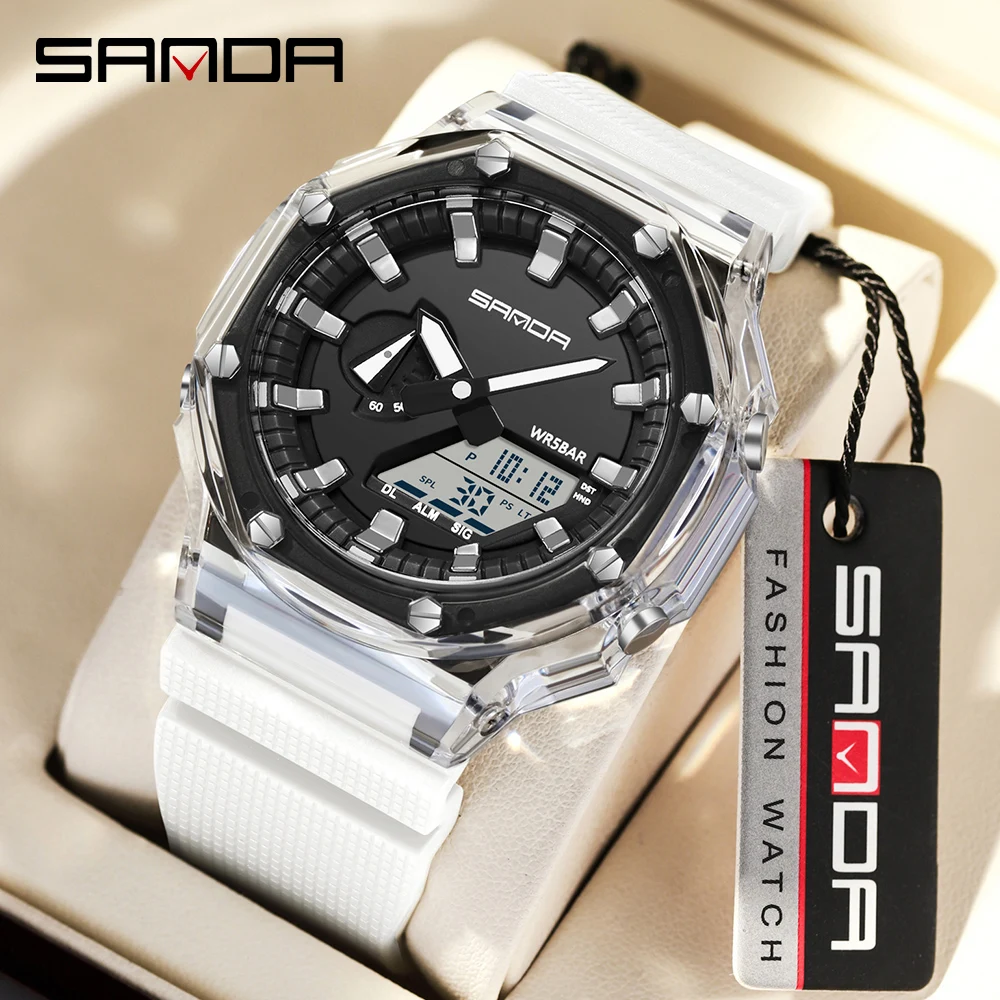 Sanda 3341 New Transparent Electronic Watch Multi functional Fashion Korean Men's Watch Waterproof Watch Alarm Clock Watch-1