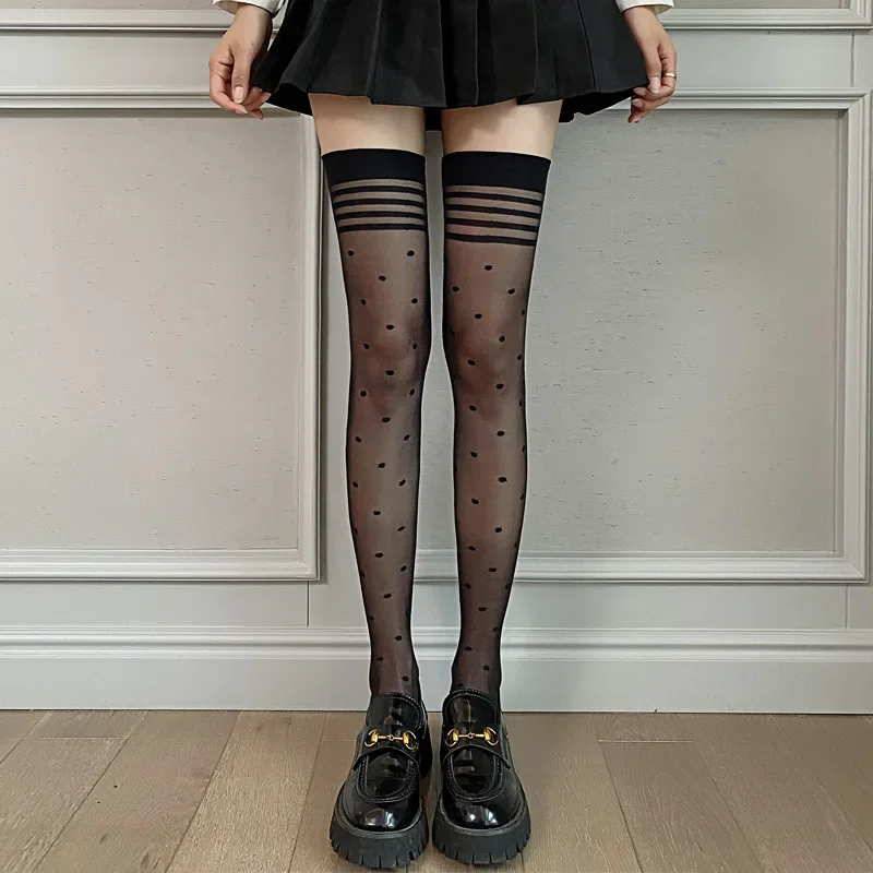 Sexy Transparent Nylon Gothic Harajuku Knee Thigh High Long Socks Women JK Lolita Japanese Style Polka Dot White Black Stockings