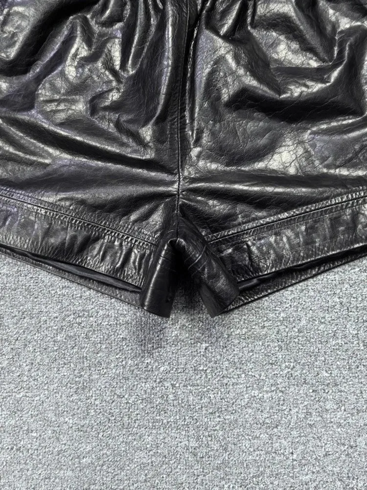 가을 신상 여성 소가죽 정품 가죽 반바지 슬림핏 밴딩 허리 와이드 레그 플레어 부츠컷 캐주얼 스트릿웨어 반바지