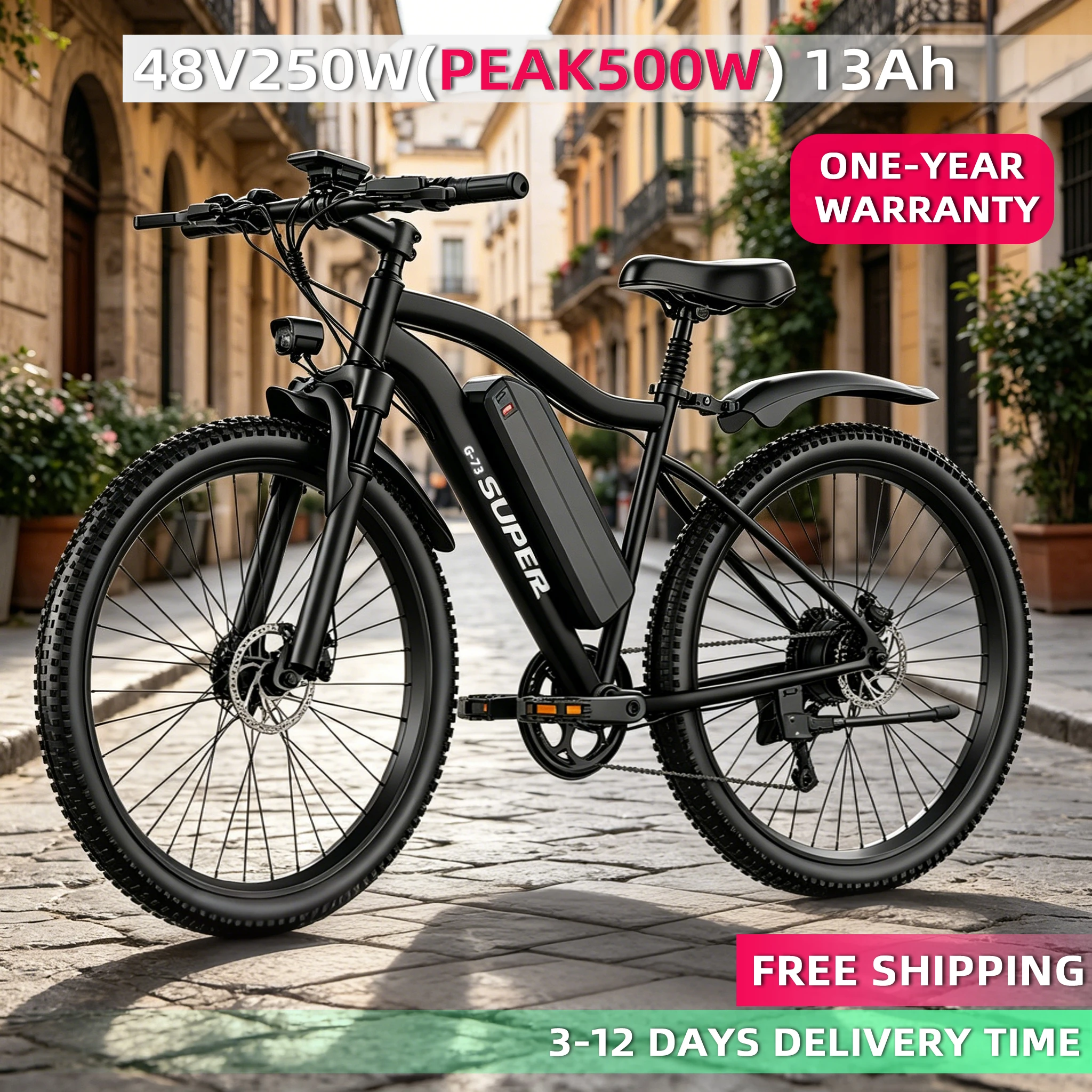 Vélo de montagne électrique pour adultes ROBORN SUPER-G73-S 250W-PEAK500W 48V13Ah, entièrement chargé, autonomie de 45 kilomètres, adapté aux trajets quotidiens en extérieur, équipé de pneus durables de 26 * 1,95 pouces - noir/gris
