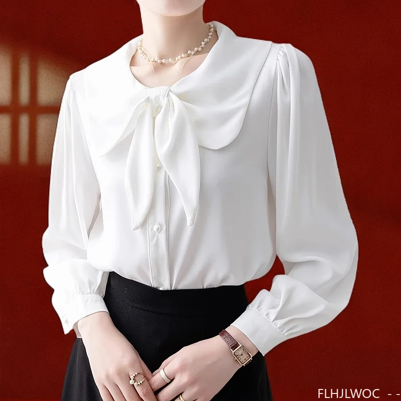 Bow Tie Tops ผู้หญิงเกาหลีสไตล์เสื้อผ้าแขนยาว Elegant Office Lady น่ารักริบบิ้นหวาน Basic เสื้อสีขาวเสื้อ