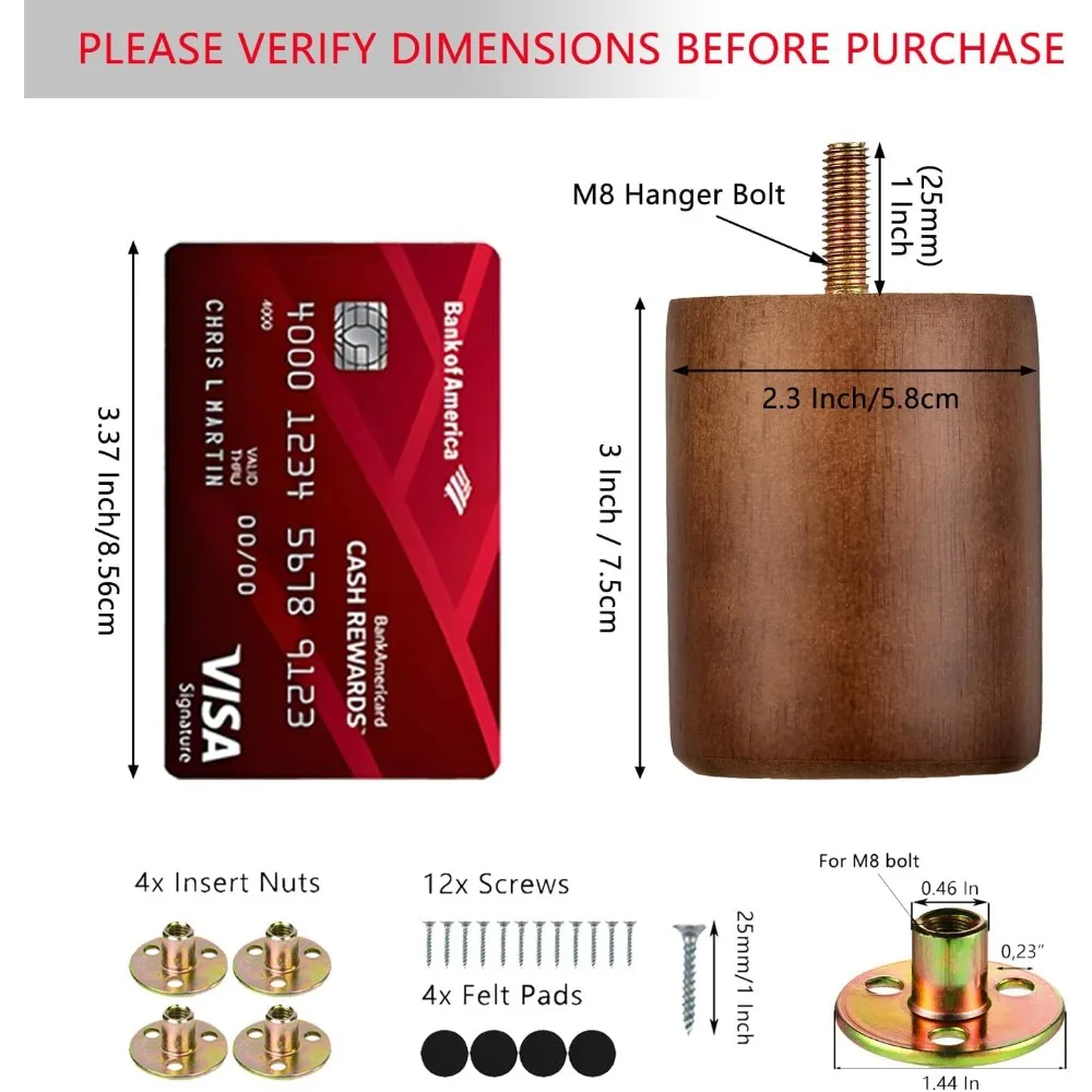 Set di 4 gambe in legno da 3 pollici, piedini di ricambio in legno massello rotondo, bullone M8 preforato, adatto per divano, divano, comò, ottomano