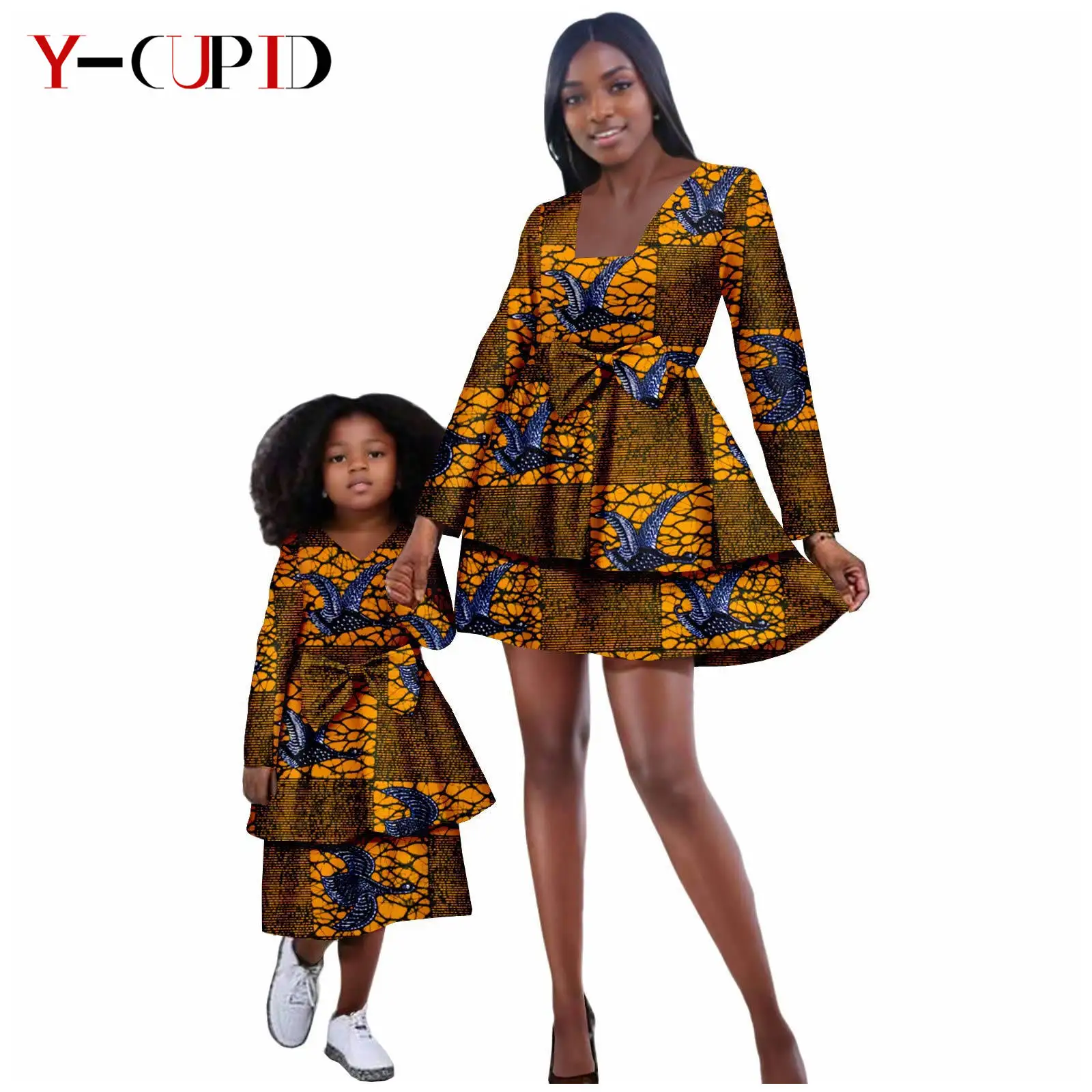 

African Print Dresses for Women Matching Couple Baby Girl Bowtie Double-layer Dress Family Outfits Dashiki Mother Outwear 24F039