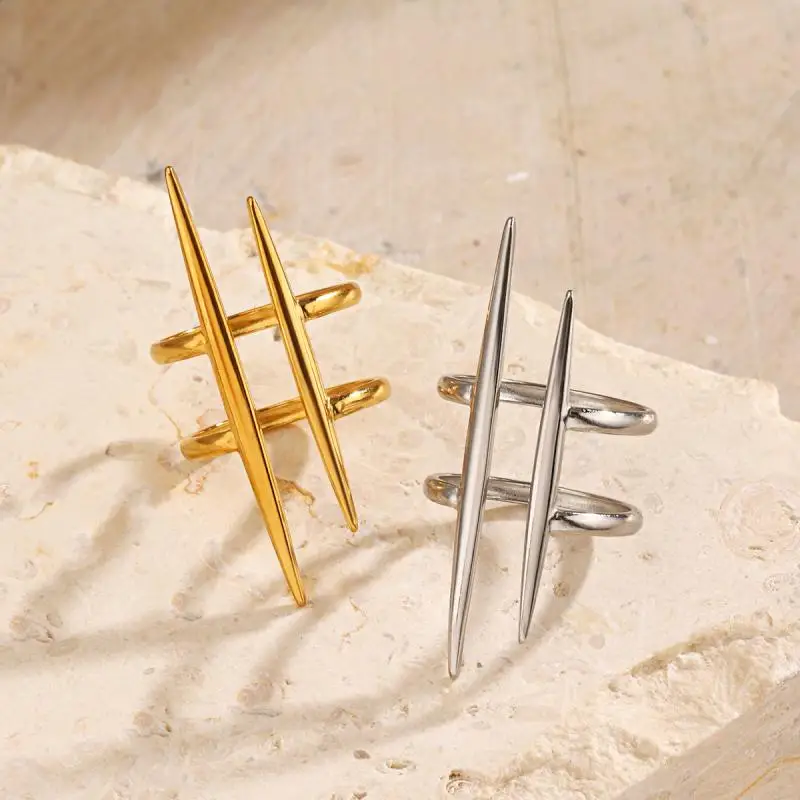 خاتم عتيق مطلي بالذهب عيار 18 قيراط من الفولاذ المقاوم للصدأ موازي بخط مزدوج مجوف ومفتوح النهاية للنساء مجوهرات يومية مضادة للحساسية