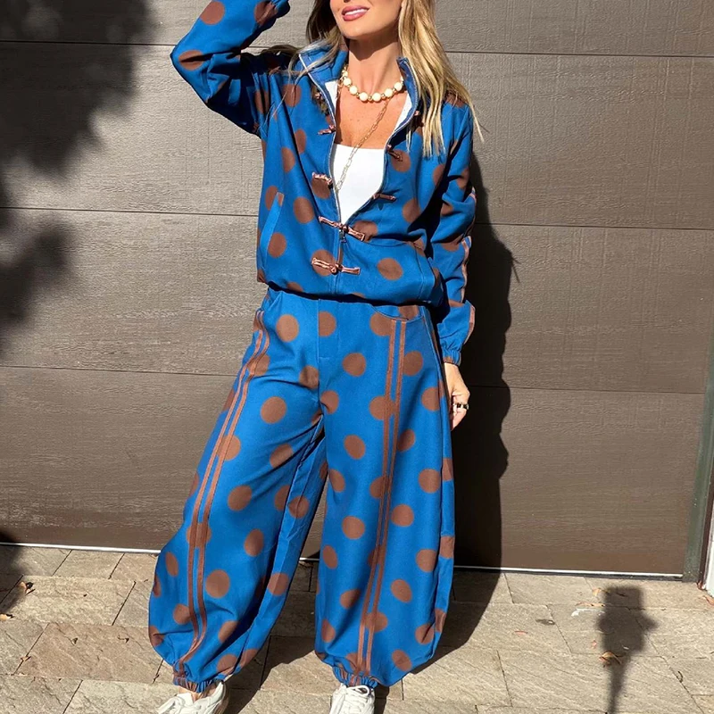 Vintage Lapel Polka Dot Printed Coat&Pants Sets Elegant Lady Loose Casual Commute Outfits Autumn New High Waist Long Pants Sets