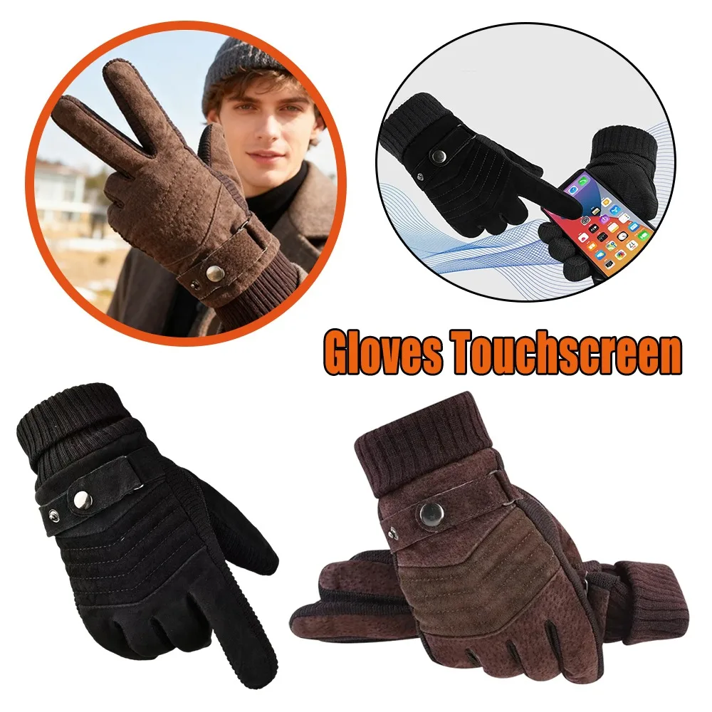 Mens Winter Gloves Thickened Fleece Lined Warm Touchscreen Real Pigskin Leather Cycling Motorcycle Riding Cold Proof Protection