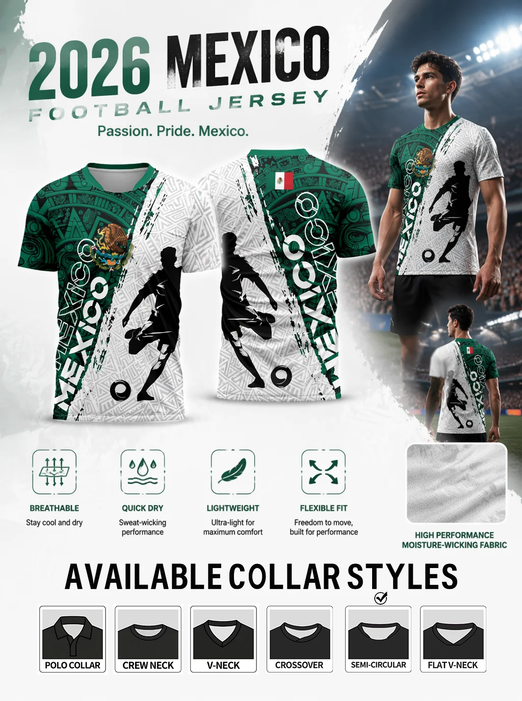 Mexico fan soccer jersey, green‑white color‑block design, quick‑dry, lightweight & durable, rich collar choices
