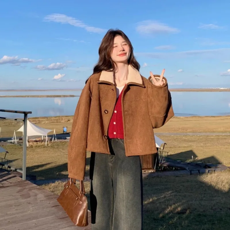 Autumn and winter lamb wool coat women's fur integrated double-sided wear thickened suede top women