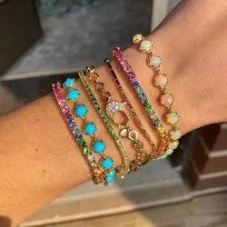 Summer Women Girl Trendy Hip Hop Jewelry Iced Out 4mm Rainbow CZ Tennis Chain Bracelet Gold Color Colorful Wholesale