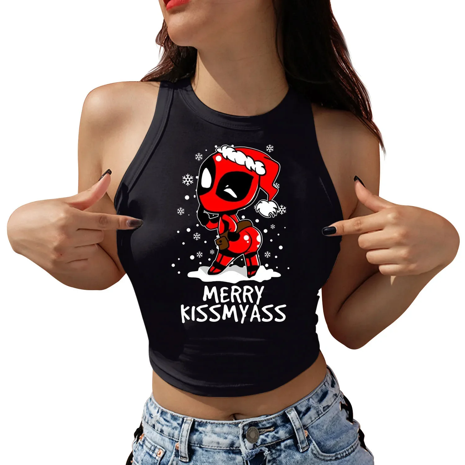 Fashion Superhero Funny Spider Print Crop Tops Christmas Woman Sleeveless Shirts Girls Sexy Streetwear O-neck Female Tops