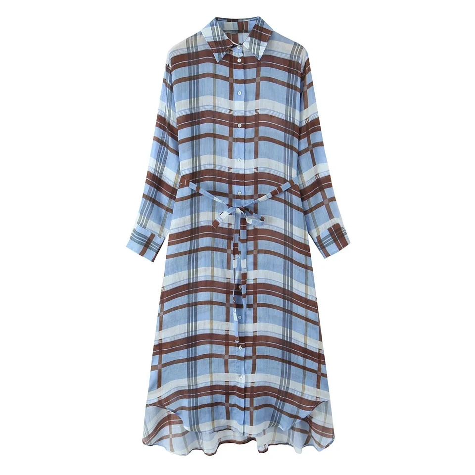 

Grid Lapel Long Sleeve Button Front Tie Waist Asymmetrical Hem Shirt Style Maxi Dress Women Fashion Casual Linen Blend
