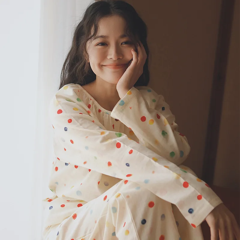 

Women's Cotton Pajamas Spring Autumn Season Long Sleeve Collar Home Wear Comfortable Breathable Sleepwear plus Size