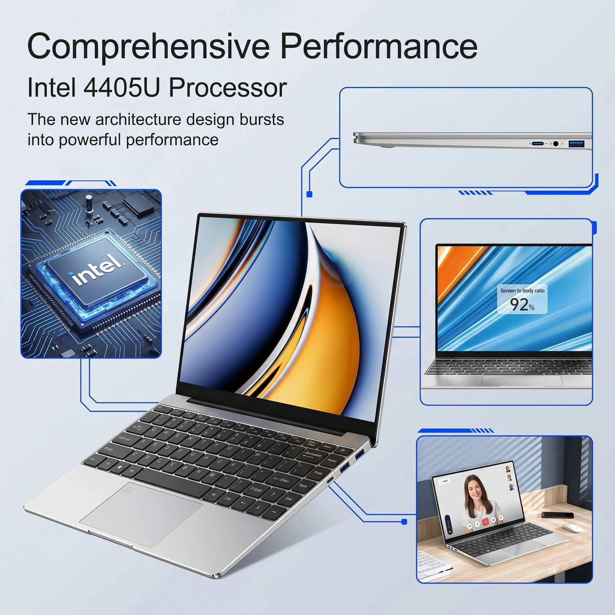 2026 New Ultra Slim Laptop 16GB 1024GB Intel 4405U Notebook Gamer Windows 11 Pro 1920*1080 Display Office Study Computer PC