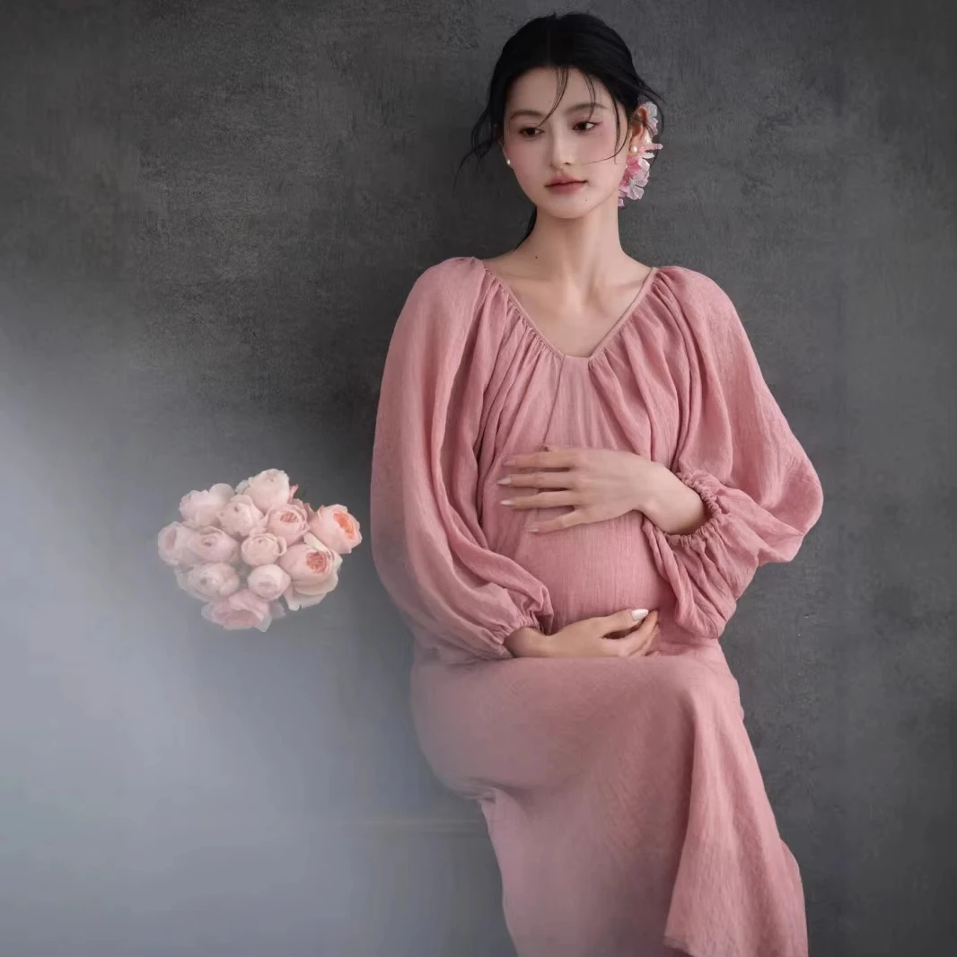 Pregnant Women Photo Shoot Dress Pink Maternity Gown for Studio Photography Sweet Outfits for Mothers Maternity Clothing