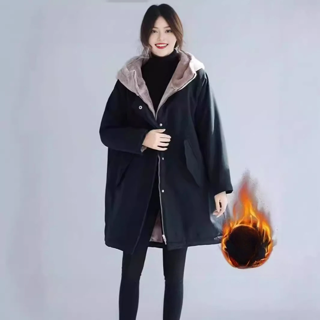 

Korean Loose and Oversized Medium-length Style Plus Velvet Thick Contrasting Color Spliced Hooded Cotton Jacket for Women