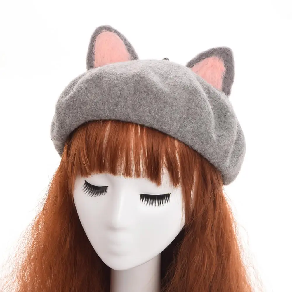 

Cute Lolita Beret Handmade Classic Pink Women Cat Ears Hat Winter Woolen Beanie Cap