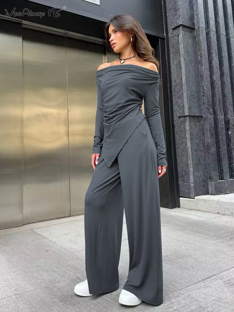 Mnealways18 Gray Office Knitwear Pants Sets Women Slash Neck Tees And Wide Legs Trousers Solid Two Pieces Suits Spring 2024 Lady