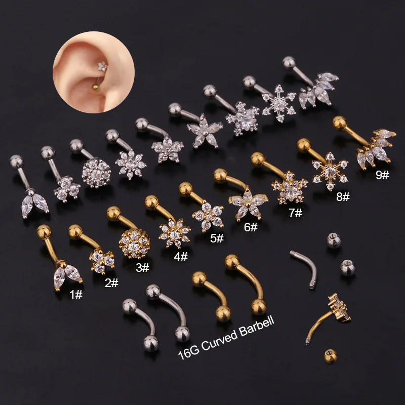 1pc Flower Zircon Eyebrow Ring Curved Barbell Stud Earrings Snug Daith Piercing Cartilage Tragus Helix Banana Ring Body Jewelry