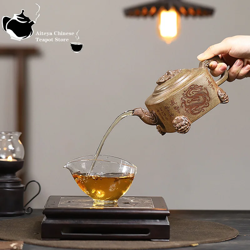 Tetera china Yixing tetera de arcilla púrpura sección de mineral crudo barro quema de madera dragón de cuatro patas tetera zun juego de té Kung Fu 410ml
