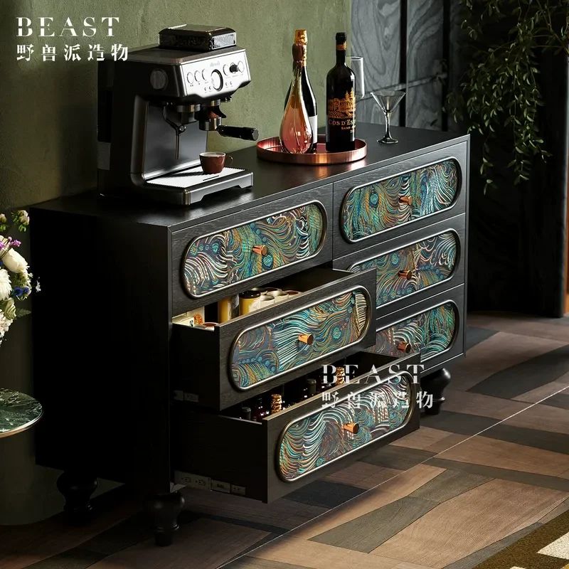 Light Luxury Peacock Pattern Cloud Brocade Six Drawer Chest Cabinet for Living Room Entrance Storage Bedroom Decorative