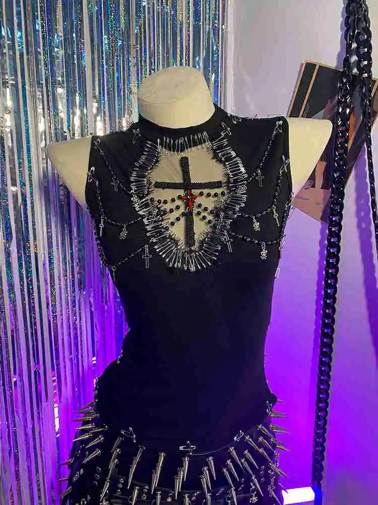 

Цифровой Гот Гранж E-Girls Harajuku Emo Chain Y2K TOPS Pin Skull Gothic Tank Punk Rock Fashion Revival Cross Street Wear
